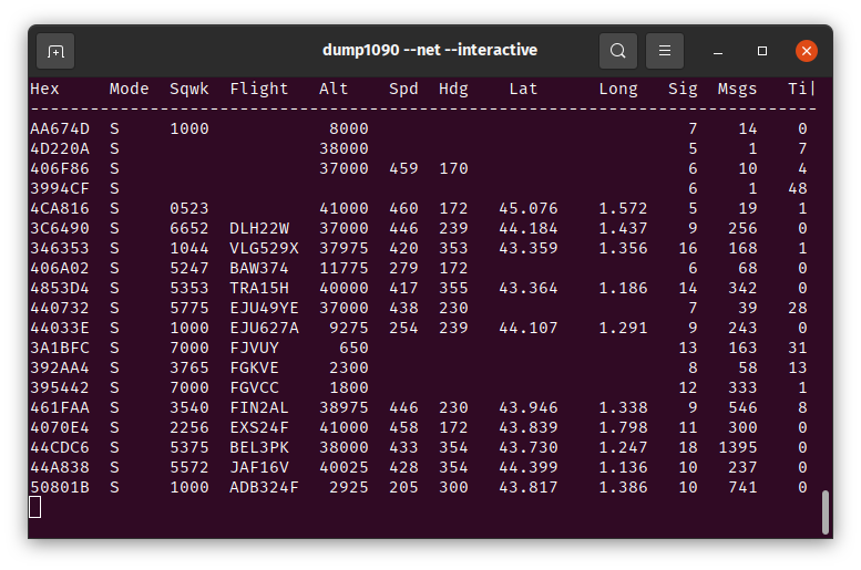 dump1090 screenshot